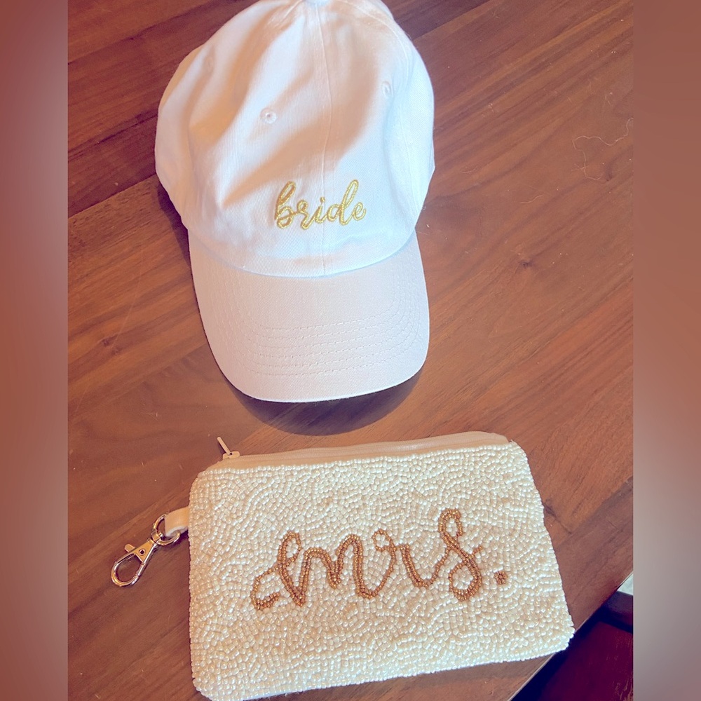 White and Gold 'Bride' Cap and 'Mrs.' Clutch Set